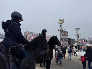 Policjanci na koniach podczas zabezpieczenia 34. finału WOŚP na Błoniach Stadionu Narodowego.