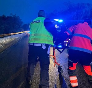 Policjant i ratownik z noszami idą w kierunku karetki.