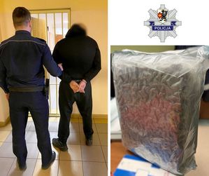 kolaż dwóch zdjęć. na jednym policjant z zatrzymanym. na drugim zabezpieczone narkotyki.