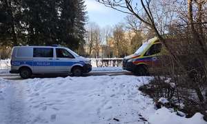 Radiowóz policyjny i karetka stoją przy drodze.