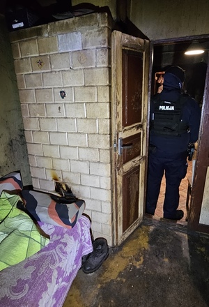 nadpalona poduszka. Piec kaflowy. Policjant w drzwiach.