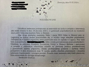 Zdjęcie listu z podziękowaniami przesłanymi do policjantów.