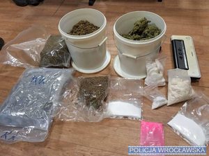 Zabezpieczone narkotyki w plastikowych pojemnikach i woreczkach.
