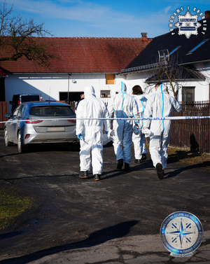 Ubrani na biało policjanci idą do domu, gdzie doszło do zbrodni.