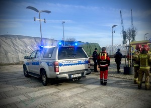 Funkcjonariusze policji, straży i ratownicy przy radiowozie i karetce.