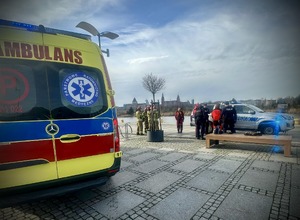 Funkcjonariusze policji, straży i ratownicy przy radiowozie i karetce.