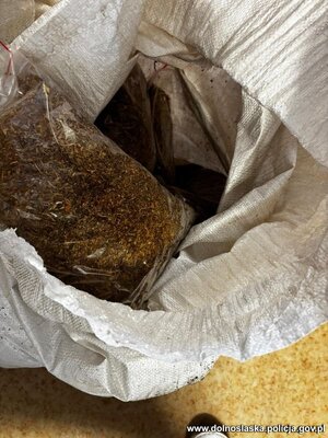 na podłodze rozłożone są kartony i worki z nielegalnym tytoniem, papierosami i odzieżą.