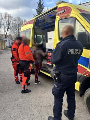 Policjant i ratownicy medyczni przy karetce.