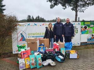 Trzej policjanci i kobieta z darami dla schroniska dla zwierząt.