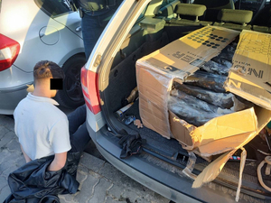 narkotyki porozkładane w samochodzie. Mężczyzna w kajdankach siedzi przy samochodzie. pieniądze rozłożone na stole.