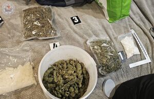 zabezpieczone narkotyki w foliowych opakowaniach i wiaderku.