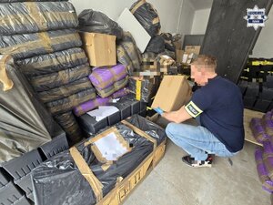 Na zdjęciu policjant z przestępczości gospodarczej podczas oględzin.