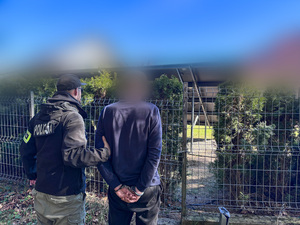 Policjant z zatrzymanym podczas eksperymentu procesowego.