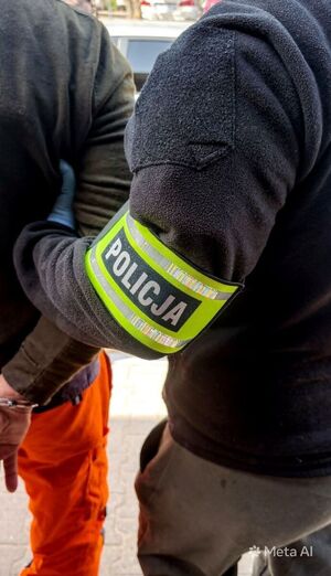 Policjant trzyma zatrzymanego mężczyznę zakutego w kajdanki.