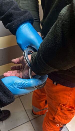 Policjant zakłada kajdanki zatrzymanemu mężczyźnie.