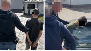 Kolaż zdjęć na których zatrzymani są prowadzeni przez policjantów.