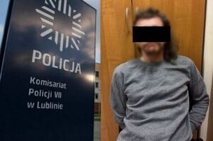 Kolaż dwóch zdjęć. Po lewej stronie  tablica z napisem: Policja komisariat policji VII w Lublinie, po prawej zatrzymany mężczyzna.
