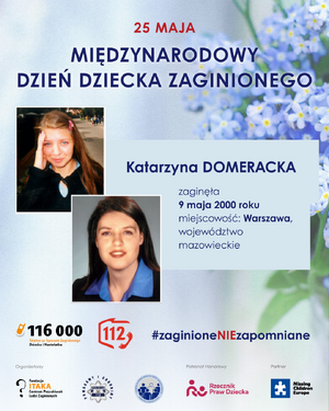 Grafika przedstawia fotografię Kasi z czasu zaginięcia oraz progresję wiekową pokazującą, jak mogłaby wyglądać dziś jako dorosła kobieta.