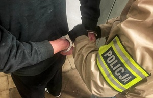 policjant zakłada kajdanki na ręce zatrzymanego.