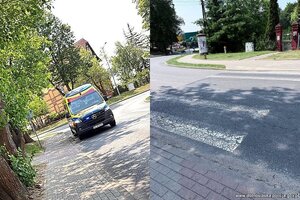 Kolaż dwóch zdjęć. Po prawej stronie karetka pogotowia, po lewej przejście dla pieszych.
