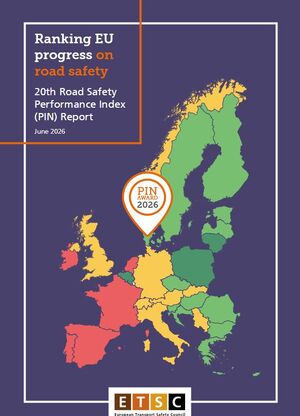 Plakat w języku angielskim autorstwa Europejskiej Rady Bezpieczeństwa Transportu (ETSC) o bezpieczeństwie na europejskich drogach i poprawie bezpieczeństwa w Polsce. Na mapie Europy zaznaczona jest Polska i wpisane PIN Award 2026 - wyróżnienie prestiżową nagrodą.