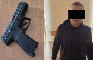 Kolaż dwóch zdjęć: na zdjęciu po lewej widoczny jest pistolet na kulki, a po prawej zatrzymany mężczyzna.
