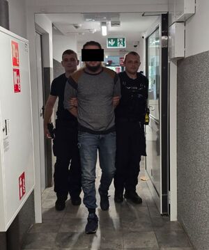 Zatrzymany mężczyzna zakuty w kajdanki prowadzony korytarzem przez dwóch policjantów.