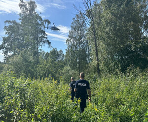na ziemi chodzą policjanci, w powietrzu lata śmigłowiec.