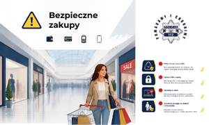 na Grafice kobieta w centrum handlowym prawą ręką pcha wózek sklepowy, a w lewej ręce trzyma trzy torby z zakupami. U góry napis: Bezpieczne zakupy. Po prawej stronie porady - treść porad zawarta w tekście artykułu.