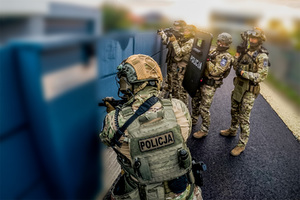 Policjanci przed bramą na posesję.