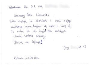 Odręcznie napisany list chłopca.