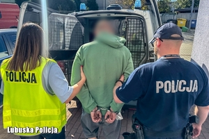 Policjanci ze skutym kajdankami kierowcą.