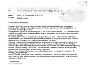 Treść wiadomości z podziękowaniami.
