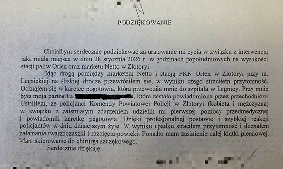 Wyrazy uznania dla policjantów ze Złotoryi – „dzięki wam żyję”