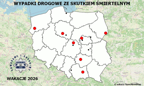 Policyjna mapa wypadków drogowych ze skutkiem śmiertelnym - Wakacje 2026