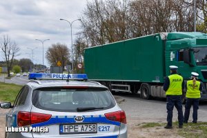 Policjanci stoją przy drodze.