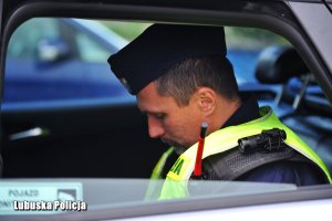 Policjant dokonuje kontroli drogowej.