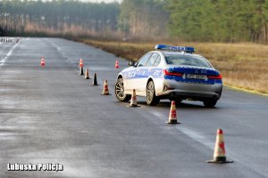 policjanci w oznakowanym radiowozie między słupkami