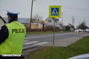 Policjant ruchu drogowego przy przejściu dla pieszych.