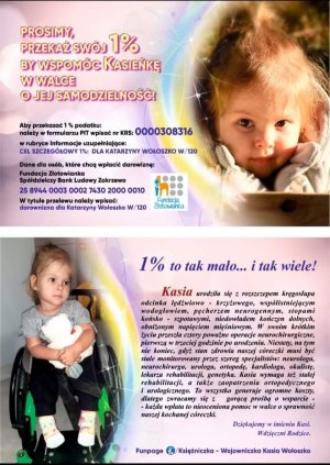 Informacja w formie broszury o zbiórce na chorą dziewczynkę