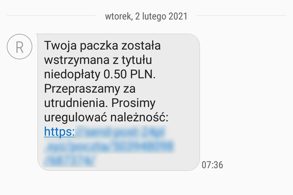 wiadomość sms o treści &quot;Twoja paczka została wstrzymana z tytułu niedopłaty 0,50 PLN. Przepraszamy za utrudnienia. Prosimy uregulować należność: https://.... ”