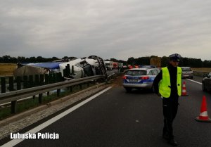 Policjant ruchu drogowego. W tle przewrócona ciężarówka