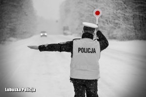Policjant ruchu drogowego daje znak do zatrzymania kierowcy