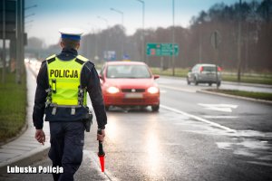 Policjant drogówki, a w tle jadące drogą pojazdy.