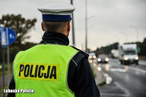 Policjant drogówki, a w tle jadące droga pojazdy.