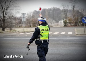 Policjant drogówki zatrzymujący pojazd do kontroli drogowej.