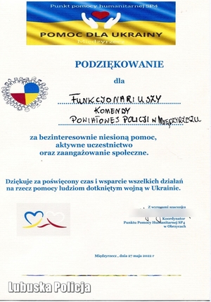 List z podziękowaniami dla policjantów