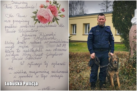 Kompilacja zdjęć: przewodnik z psem oraz podziękowania od starszego małżeństwa