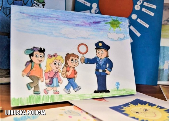 Praca plastyczna na której widać policjanta i dzieci.