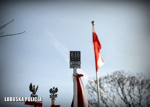 Szczyt sztandaru policyjnego na tle flagi Polski.